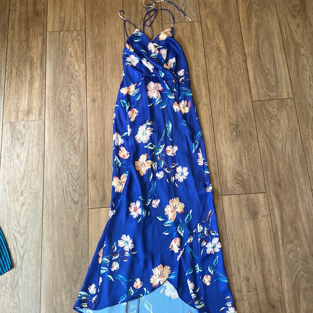 Lulu’s Royal Blue Floral Print Lace-Up High Low Dress